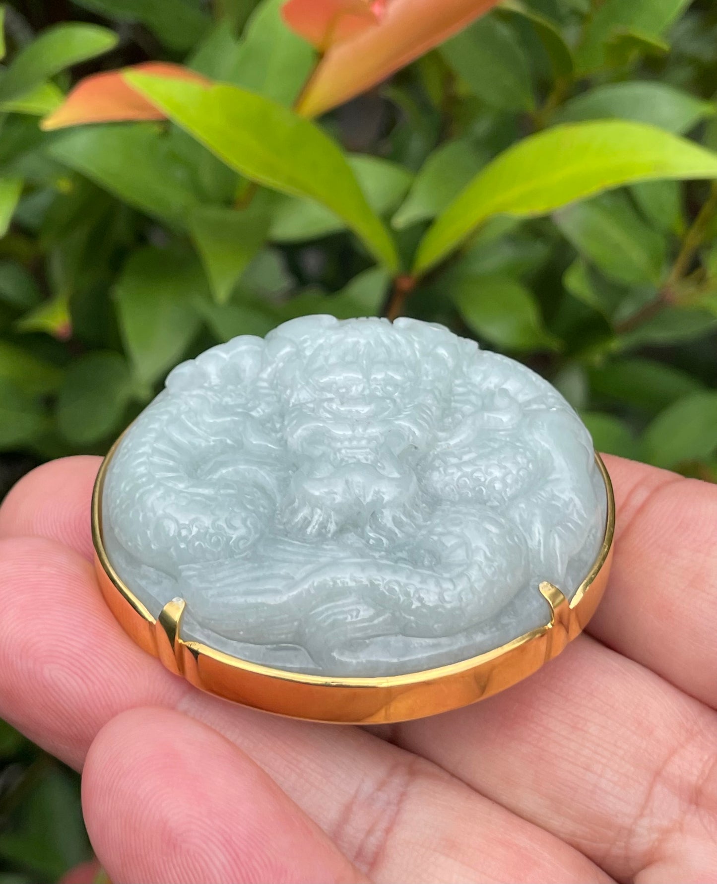 Natural Certified Burmese Jadeite Jade Pendant – Bluish Apple Green – Hand-Carved Dragon Motif – 24K Vermeil Gold Setting – JP034
