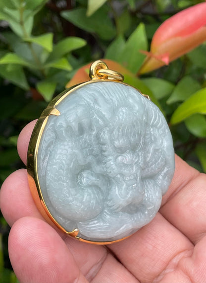 Natural Certified Burmese Jadeite Jade Pendant – Bluish Apple Green – Hand-Carved Dragon Motif – 24K Vermeil Gold Setting – JP034