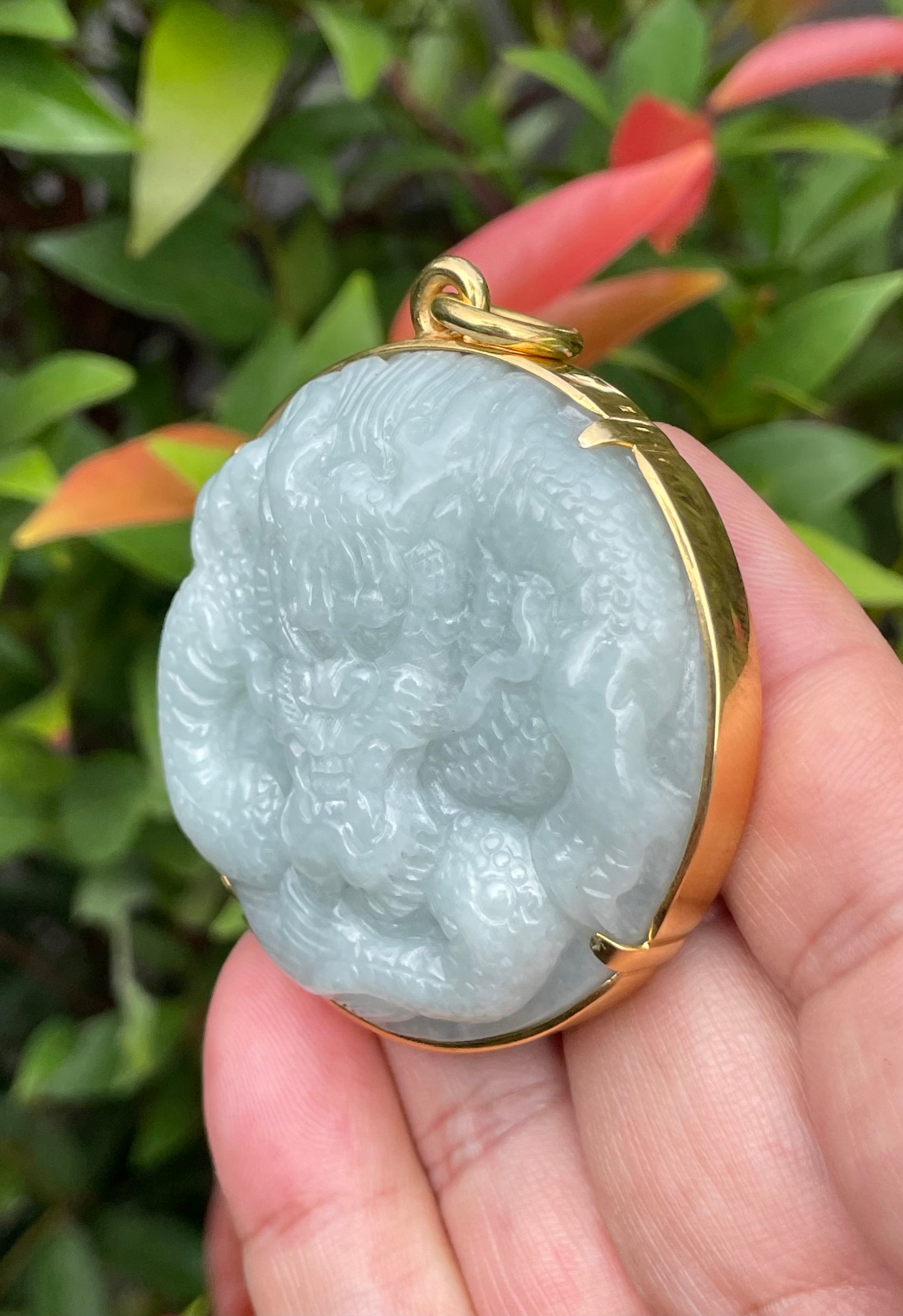 Natural Certified Burmese Jadeite Jade Pendant – Bluish Apple Green – Hand-Carved Dragon Motif – 24K Vermeil Gold Setting – JP034