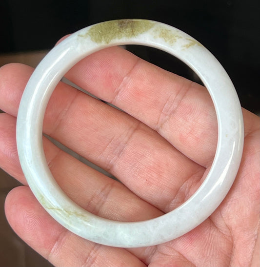 Natural Grade A Burmese Jadeite Jade Bangle – Icy Milky White with Forest Green Hues – 58.4mm – JB508