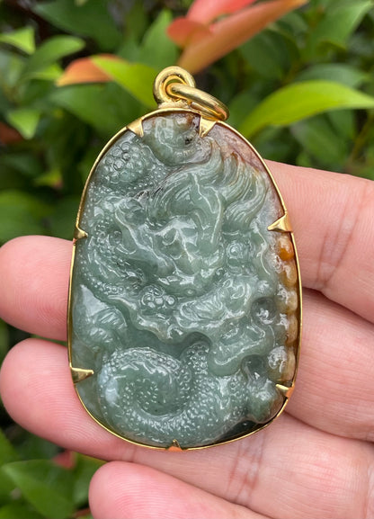 Natural Certified Burmese Jadeite Jade Pendant – Imperial Green & Honey Brown – Hand-Carved Dragon Motif – 24K Vermeil Gold Setting – JP062