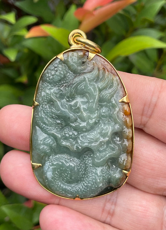 Natural Certified Burmese Jadeite Jade Pendant – Imperial Green & Honey Brown – Hand-Carved Dragon Motif – 24K Vermeil Gold Setting – JP062