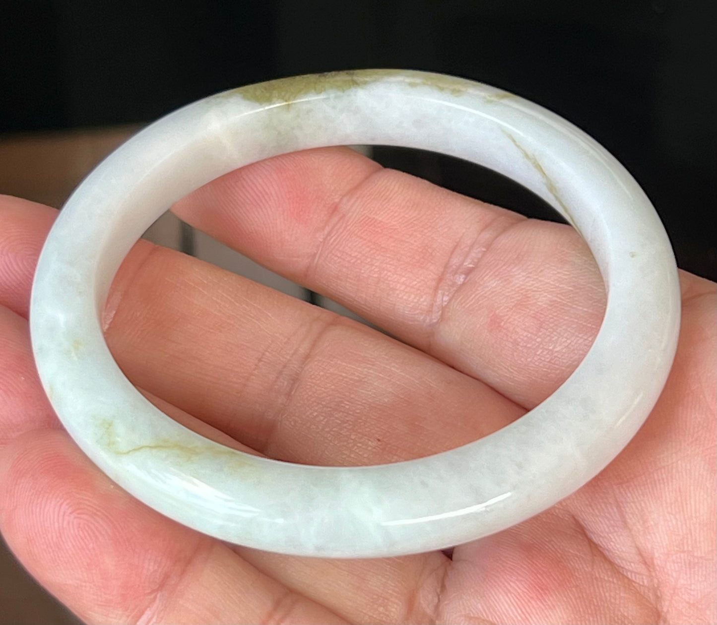 Natural Burmese Jadeite Jade Bangle – Icy Milky White with Forest Green Hues – 58.4mm – JB508
