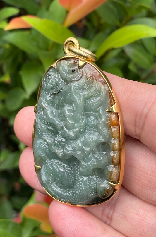 Natural Certified Burmese Jadeite Jade Pendant – Imperial Green & Honey Brown – Hand-Carved Dragon Motif – 24K Vermeil Gold Setting – JP062
