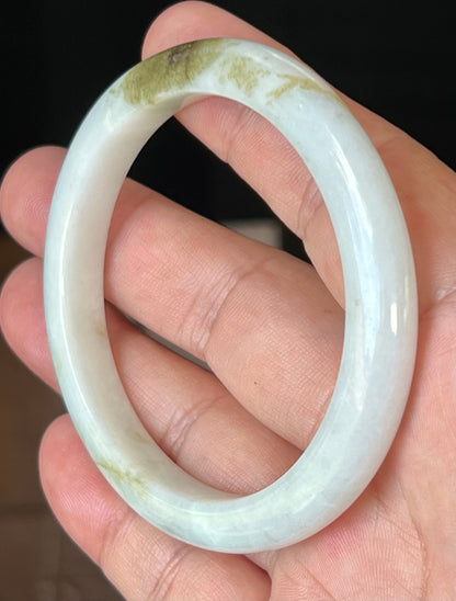 Natural Burmese Jadeite Jade Bangle – Icy Milky White with Forest Green Hues – 58.4mm – JB508