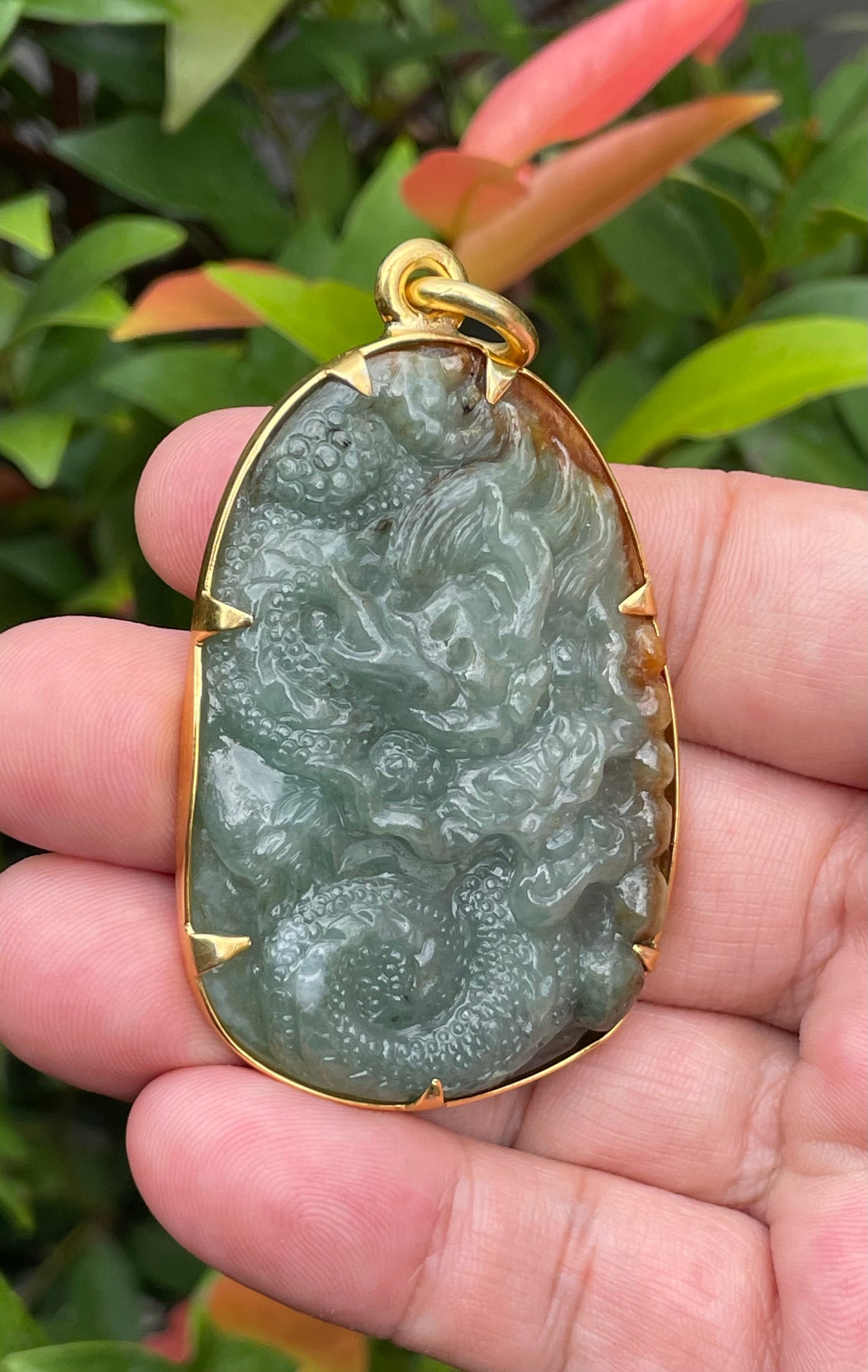 Natural Certified Burmese Jadeite Jade Pendant – Imperial Green & Honey Brown – Hand-Carved Dragon Motif – 24K Vermeil Gold Setting – JP062