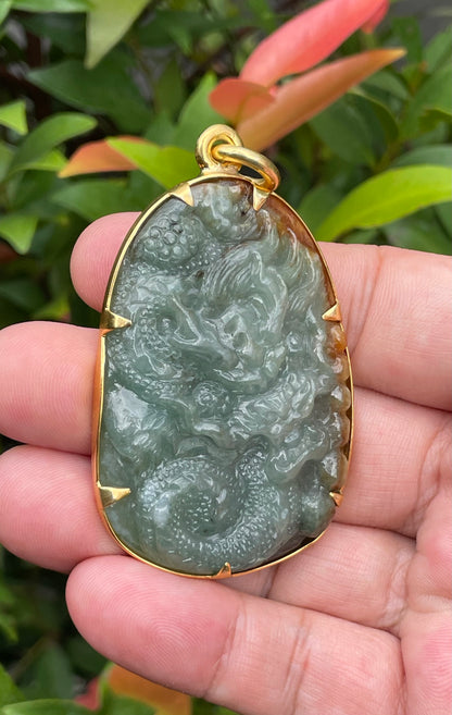 Natural Certified Burmese Jadeite Jade Pendant – Imperial Green & Honey Brown – Hand-Carved Dragon Motif – 24K Vermeil Gold Setting – JP062