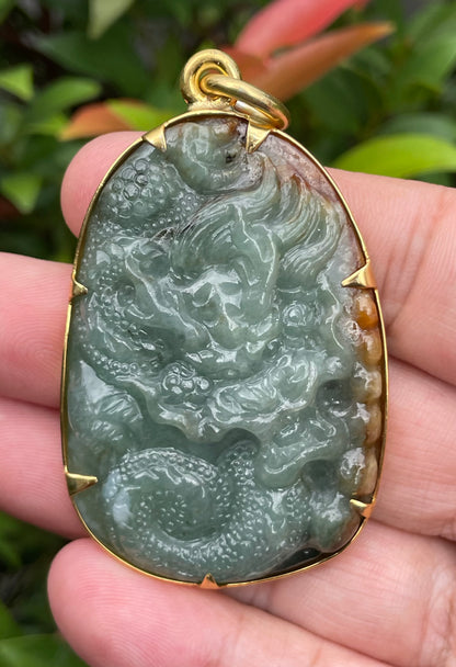 Natural Certified Burmese Jadeite Jade Pendant – Imperial Green & Honey Brown – Hand-Carved Dragon Motif – 24K Vermeil Gold Setting – JP062