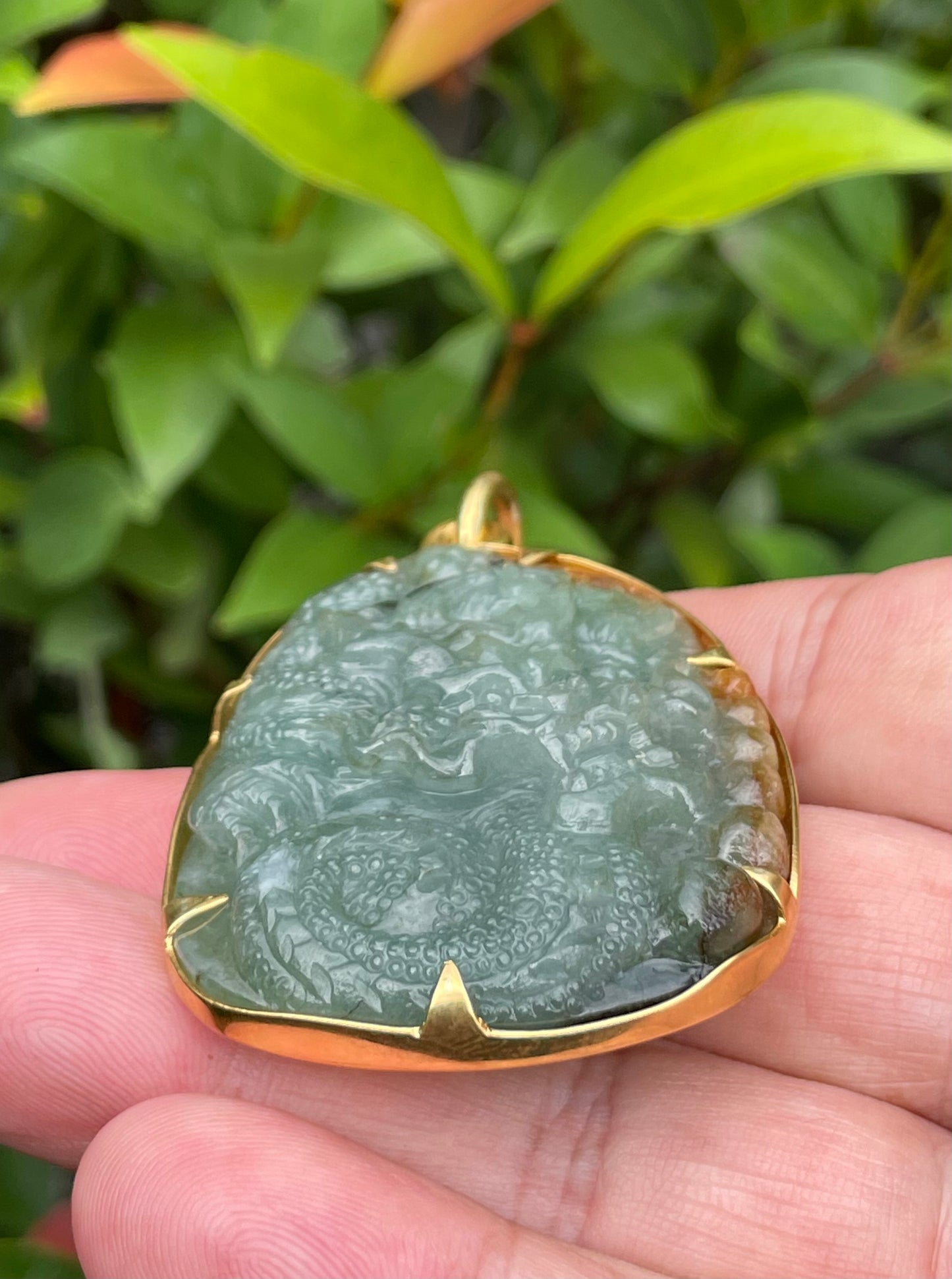 Natural Certified Burmese Jadeite Jade Pendant – Imperial Green & Honey Brown – Hand-Carved Dragon Motif – 24K Vermeil Gold Setting – JP062