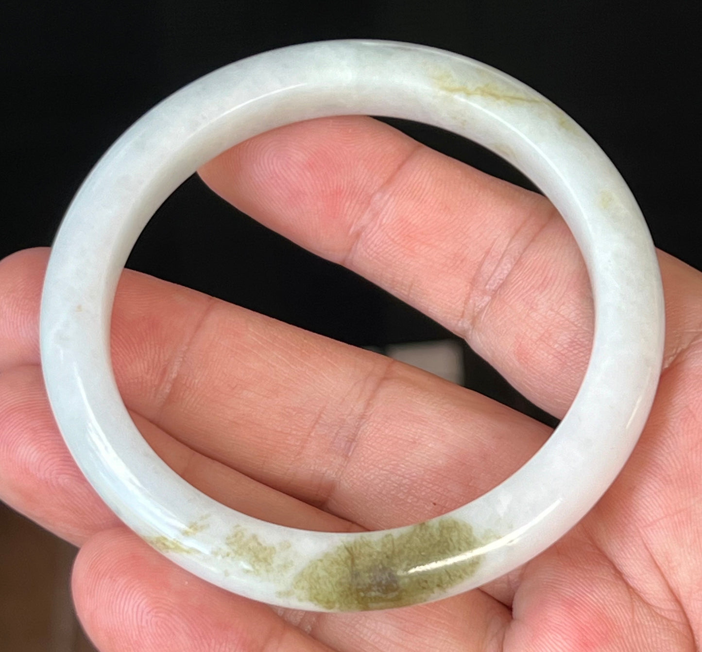 Natural Burmese Jadeite Jade Bangle – Icy Milky White with Forest Green Hues – 58.4mm – JB508