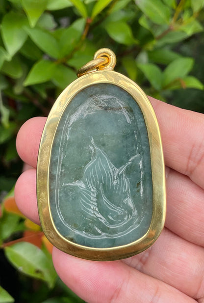 Natural Certified Burmese Jadeite Jade Pendant – Imperial Green & Honey Brown – Hand-Carved Dragon Motif – 24K Vermeil Gold Setting – JP062