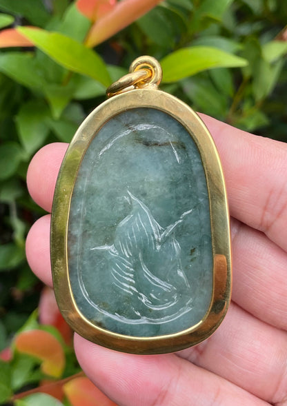 Natural Certified Burmese Jadeite Jade Pendant – Imperial Green & Honey Brown – Hand-Carved Dragon Motif – 24K Vermeil Gold Setting – JP062