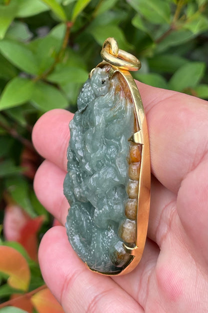 Natural Certified Burmese Jadeite Jade Pendant – Imperial Green & Honey Brown – Hand-Carved Dragon Motif – 24K Vermeil Gold Setting – JP062
