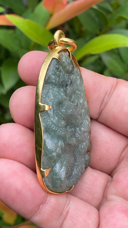 Natural Certified Burmese Jadeite Jade Pendant – Imperial Green & Honey Brown – Hand-Carved Dragon Motif – 24K Vermeil Gold Setting – JP062