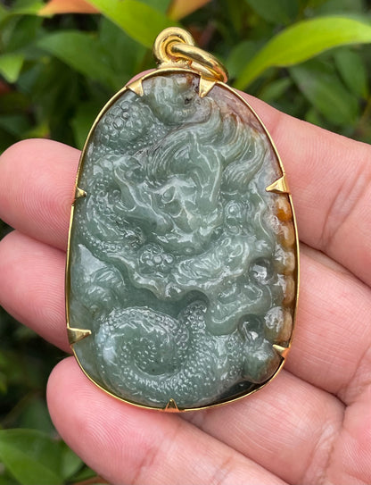 Natural Certified Burmese Jadeite Jade Pendant – Imperial Green & Honey Brown – Hand-Carved Dragon Motif – 24K Vermeil Gold Setting – JP062