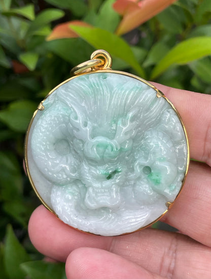 Natural Certified Burmese Jadeite Jade Pendant – Icy Imperial Green & Milky White – Hand-Carved Dragon Motif – 24K Vermeil Gold Setting – JP033