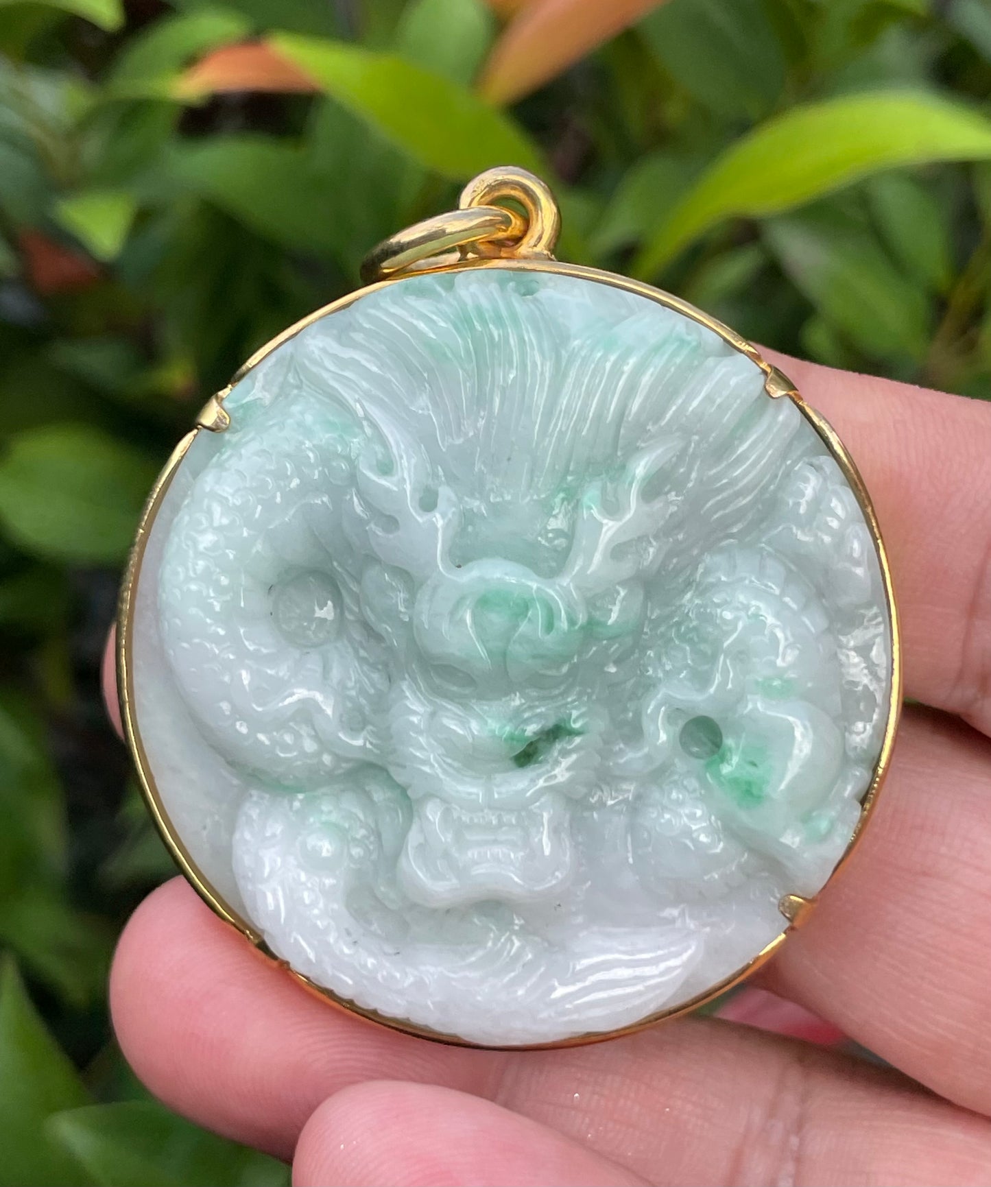 Natural Certified Burmese Jadeite Jade Pendant – Icy Imperial Green & Milky White – Hand-Carved Dragon Motif – 24K Vermeil Gold Setting – JP033
