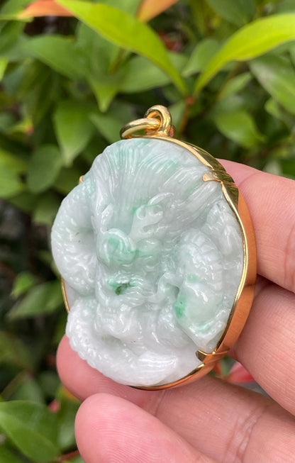 Natural Certified Burmese Jadeite Jade Pendant – Icy Imperial Green & Milky White – Hand-Carved Dragon Motif – 24K Vermeil Gold Setting – JP033