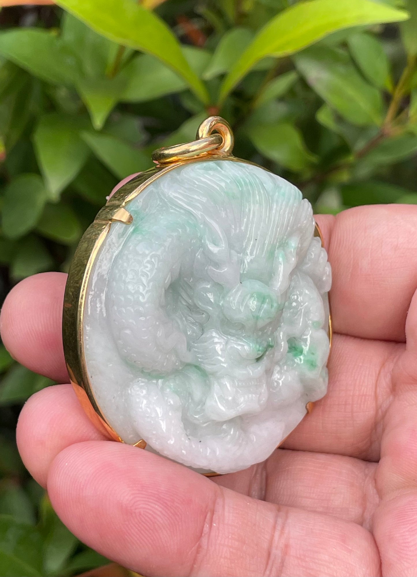 Natural Certified Burmese Jadeite Jade Pendant – Icy Imperial Green & Milky White – Hand-Carved Dragon Motif – 24K Vermeil Gold Setting – JP033