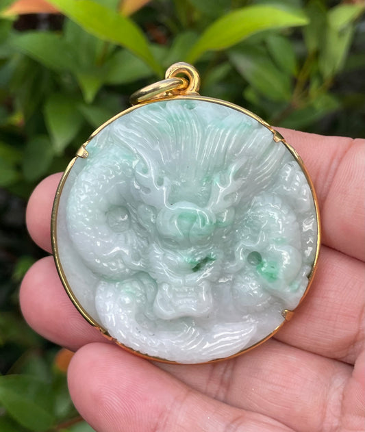 Natural Grade A Certified Burmese Jadeite Jade Pendant – Icy Imperial Green & White – Hand-Carved Dragon Motif – 24K Vermeil Gold Setting – JP033
