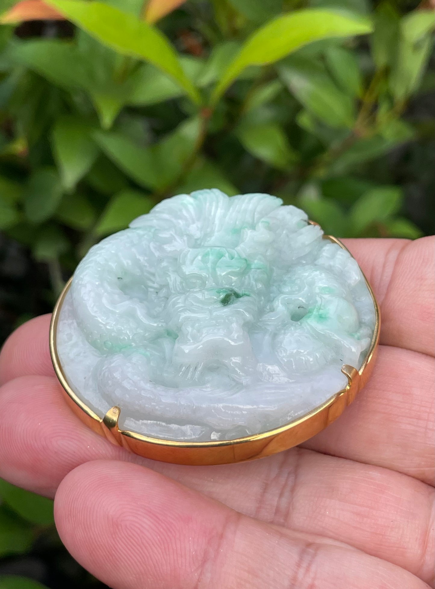 Natural Certified Burmese Jadeite Jade Pendant – Icy Imperial Green & Milky White – Hand-Carved Dragon Motif – 24K Vermeil Gold Setting – JP033