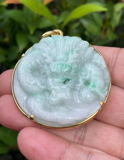 Natural Certified Burmese Jadeite Jade Pendant – Icy Imperial Green & Milky White – Hand-Carved Dragon Motif – 24K Vermeil Gold Setting – JP033
