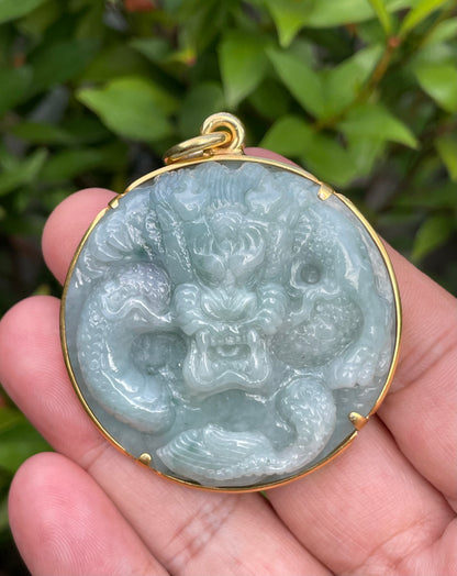 Natural Certified Burmese Jadeite Jade Pendant – Imperial Green – Hand-Carved Dragon Motif – 24K Vermeil Gold Setting – JP032