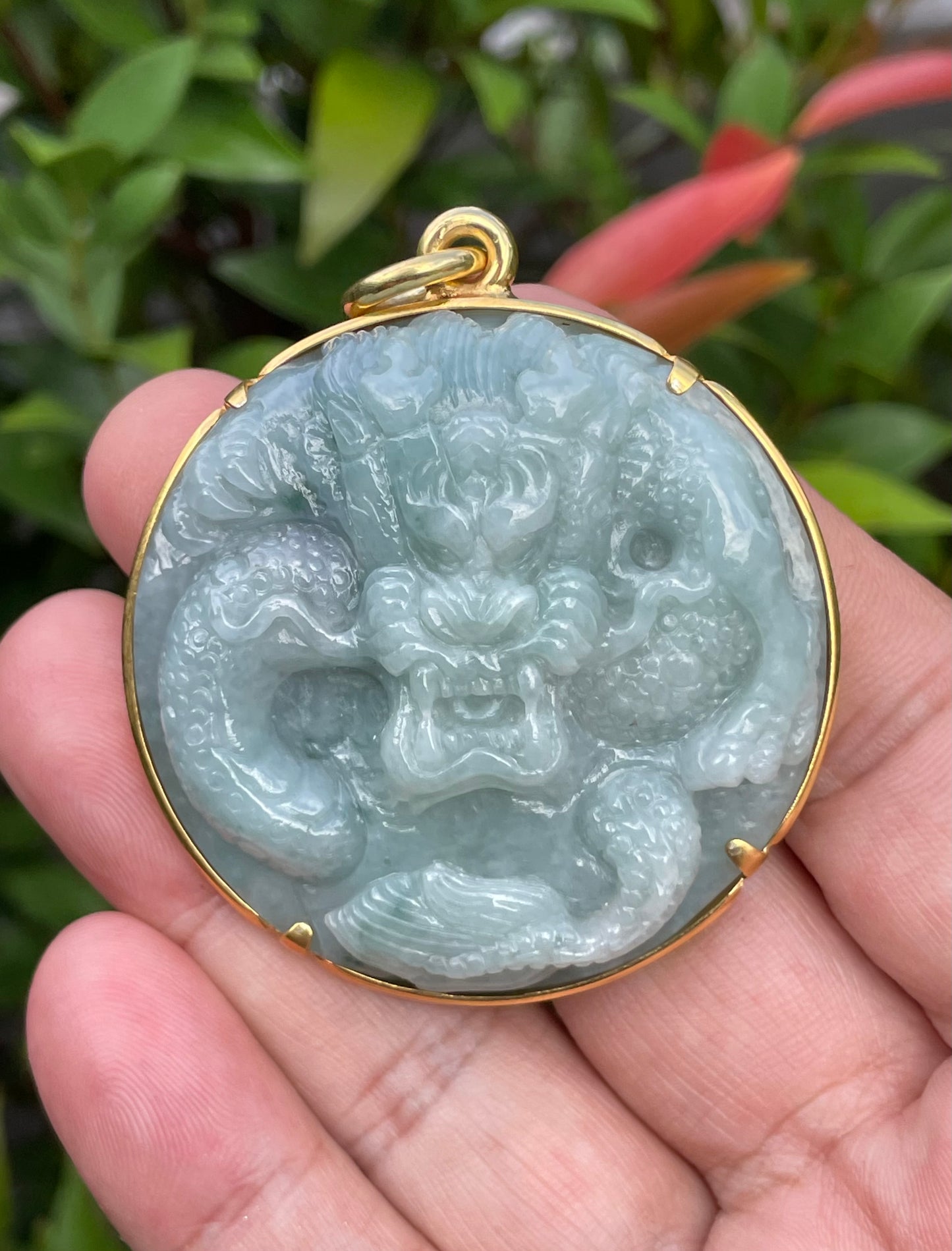Natural Certified Burmese Jadeite Jade Pendant – Imperial Green – Hand-Carved Dragon Motif – 24K Vermeil Gold Setting – JP032