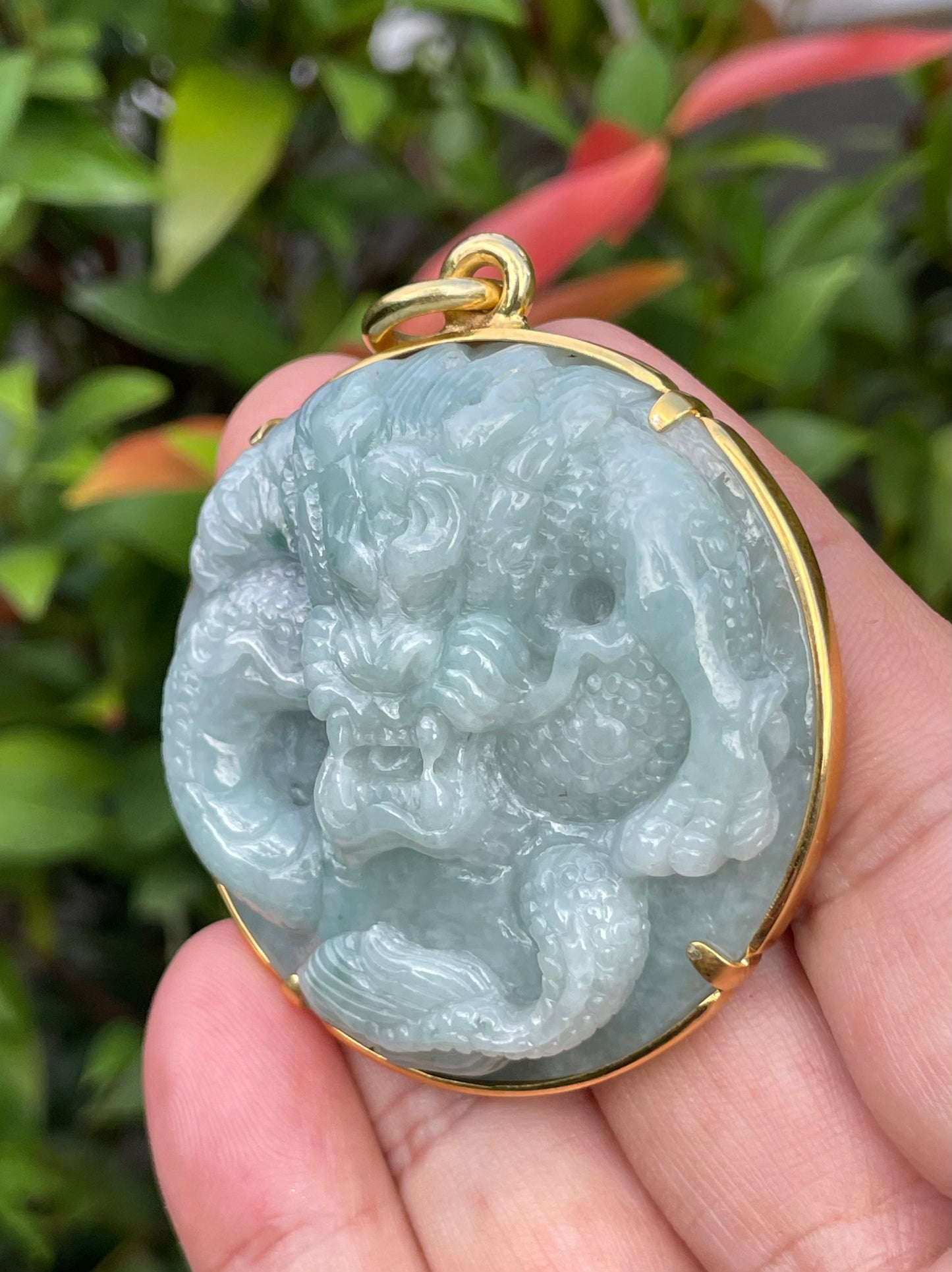 Natural Certified Burmese Jadeite Jade Pendant – Imperial Green – Hand-Carved Dragon Motif – 24K Vermeil Gold Setting – JP032