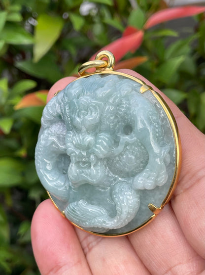 Natural Certified Burmese Jadeite Jade Pendant – Imperial Green – Hand-Carved Dragon Motif – 24K Vermeil Gold Setting – JP032