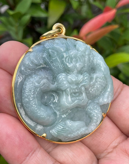 Natural Certified Burmese Jadeite Jade Pendant – Imperial Green – Hand-Carved Dragon Motif – 24K Vermeil Gold Setting – JP032