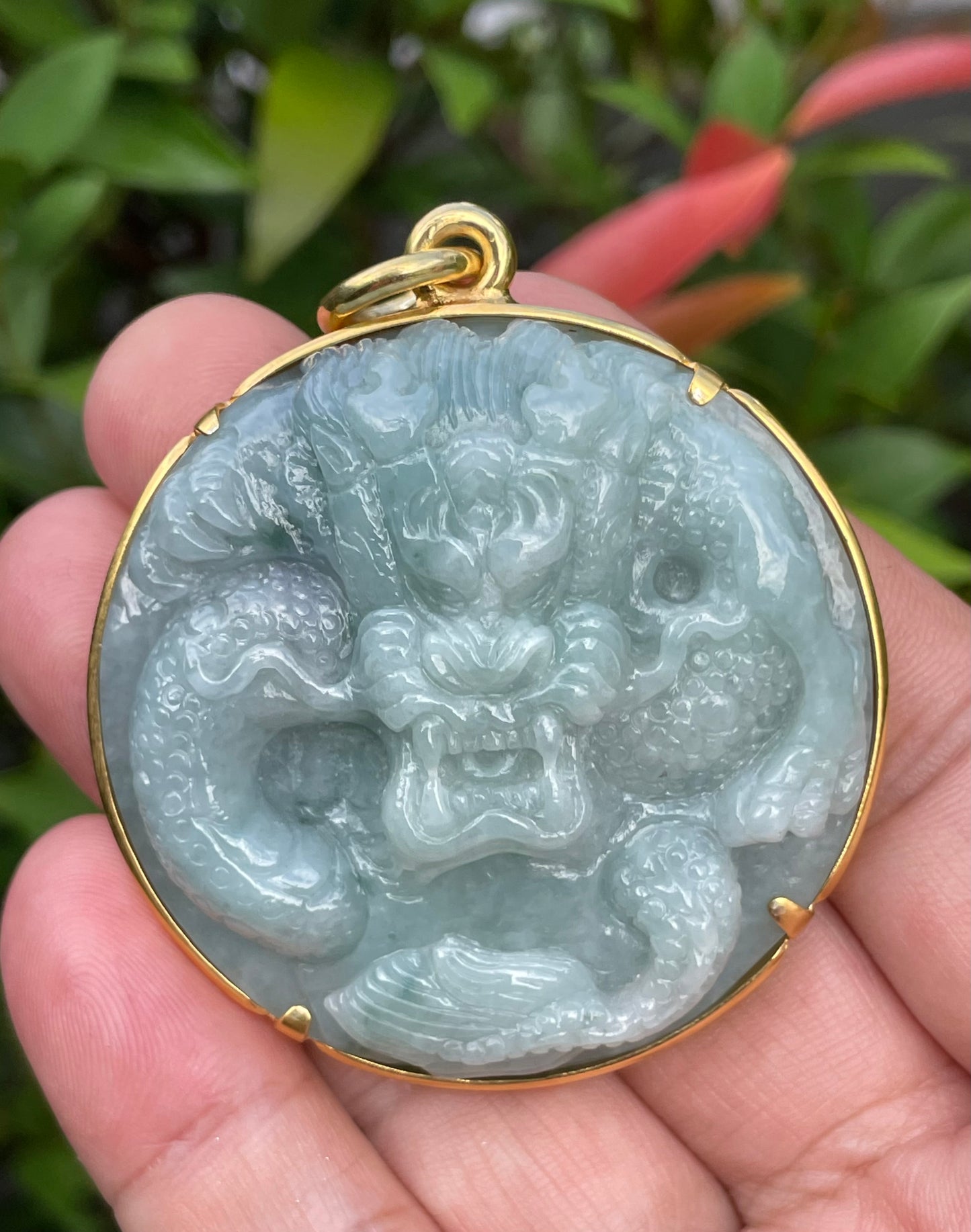 Natural Certified Burmese Jadeite Jade Pendant – Imperial Green – Hand-Carved Dragon Motif – 24K Vermeil Gold Setting – JP032