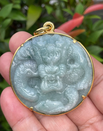 Natural Certified Burmese Jadeite Jade Pendant – Imperial Green – Hand-Carved Dragon Motif – 24K Vermeil Gold Setting – JP032