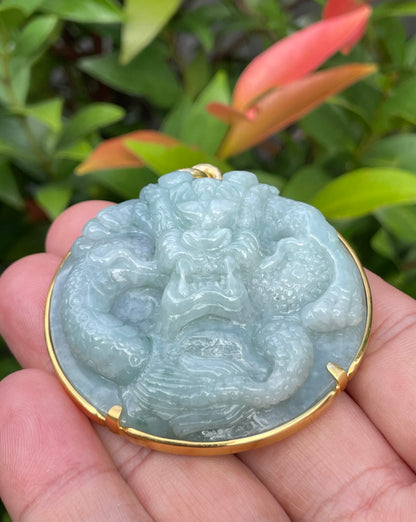 Natural Certified Burmese Jadeite Jade Pendant – Imperial Green – Hand-Carved Dragon Motif – 24K Vermeil Gold Setting – JP032