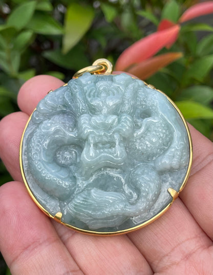 Natural Certified Burmese Jadeite Jade Pendant – Imperial Green – Hand-Carved Dragon Motif – 24K Vermeil Gold Setting – JP032