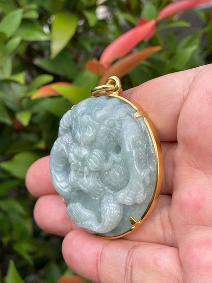 Natural Certified Burmese Jadeite Jade Pendant – Imperial Green – Hand-Carved Dragon Motif – 24K Vermeil Gold Setting – JP032