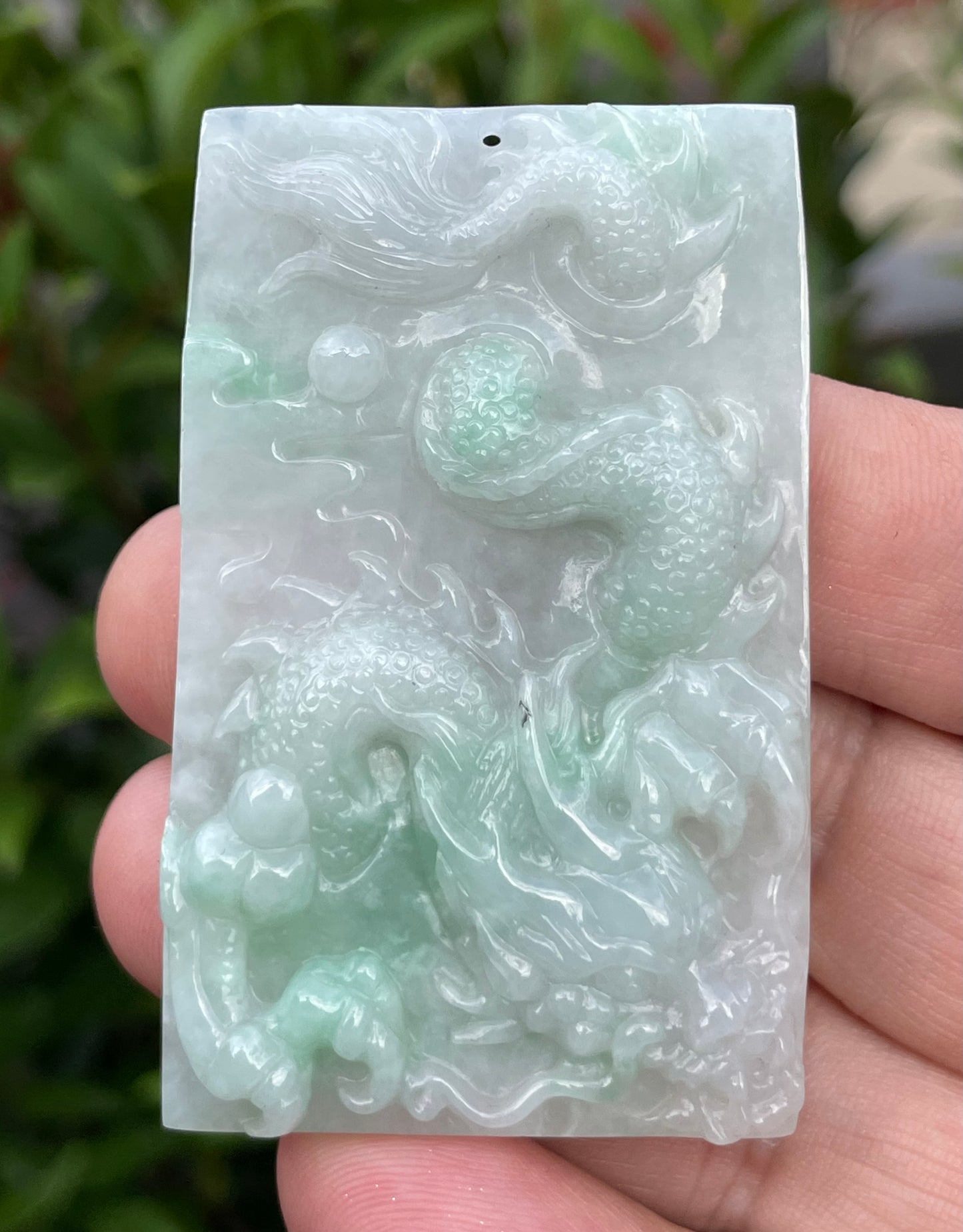 Natural Certified Burmese Jadeite Jade Pendant – Icy White & Imperial Green – Hand-Carved Dragon Motif – JP059