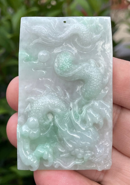 Natural Certified Burmese Jadeite Jade Pendant – Icy White & Imperial Green – Hand-Carved Dragon Motif – JP059