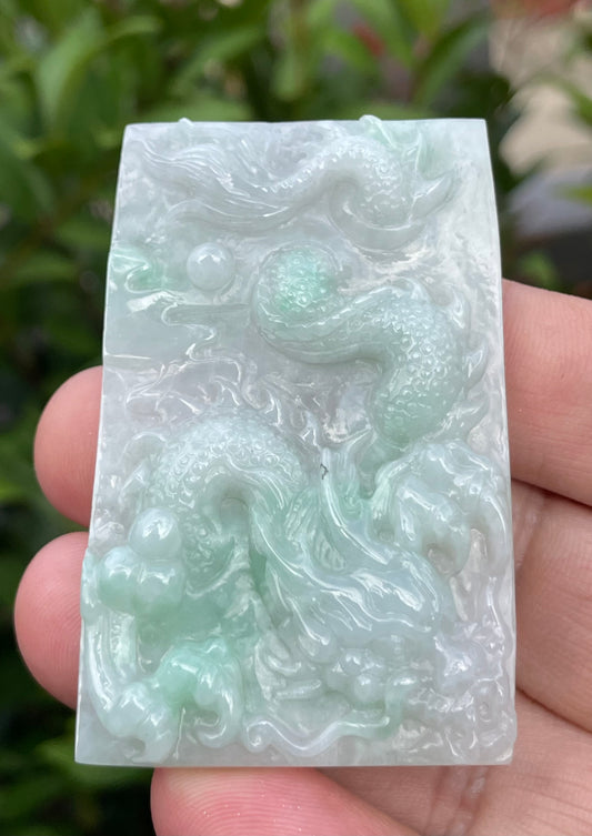 Natural Grade A Certified Burmese Jadeite Jade Pendant – Icy White & Imperial Green – Hand-Carved Dragon Motif – JP059