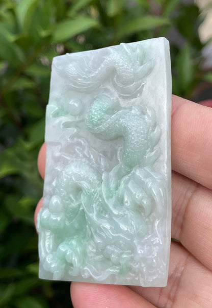 Natural Certified Burmese Jadeite Jade Pendant – Icy White & Imperial Green – Hand-Carved Dragon Motif – JP059