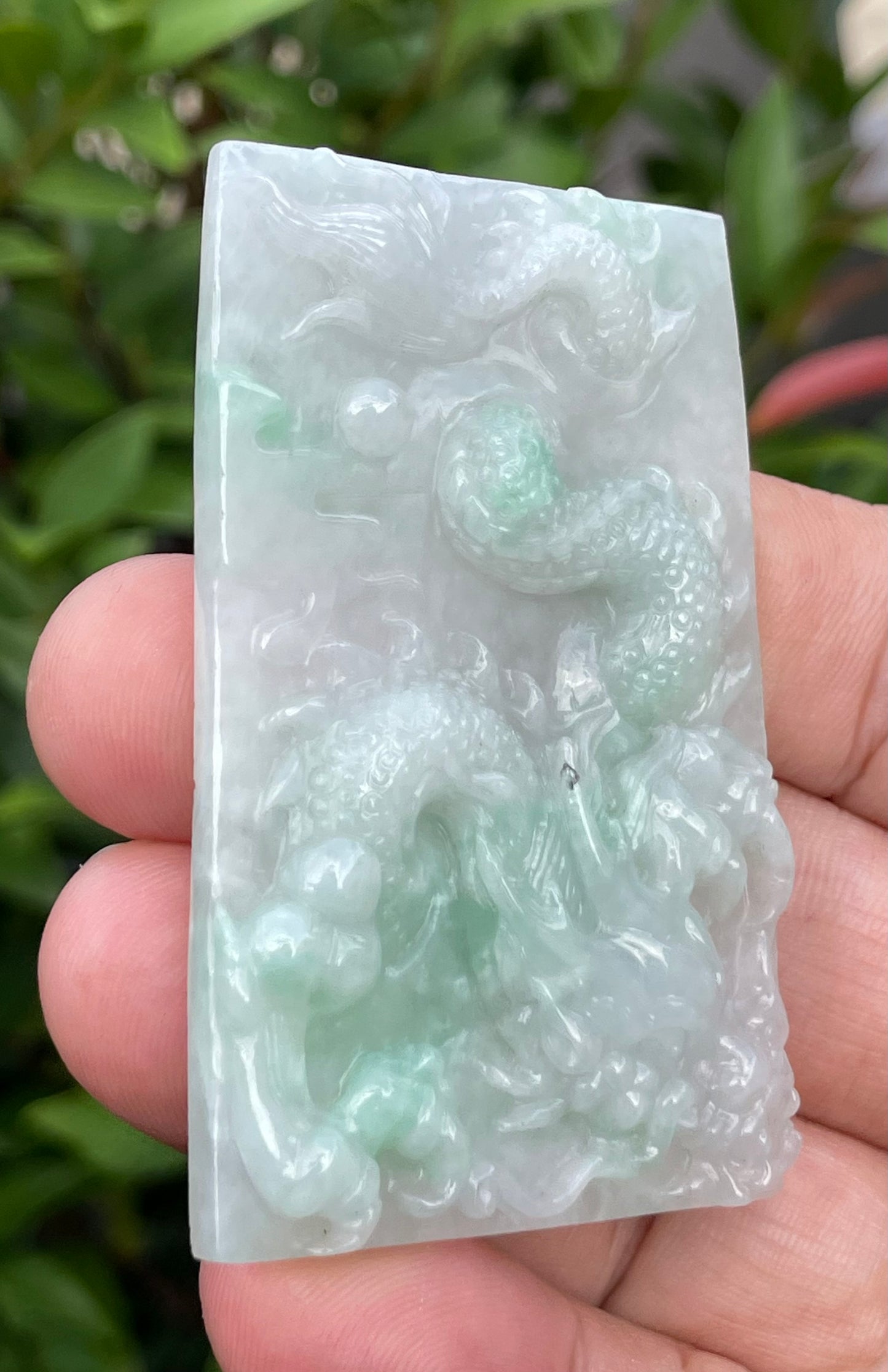 Natural Certified Burmese Jadeite Jade Pendant – Icy White & Imperial Green – Hand-Carved Dragon Motif – JP059