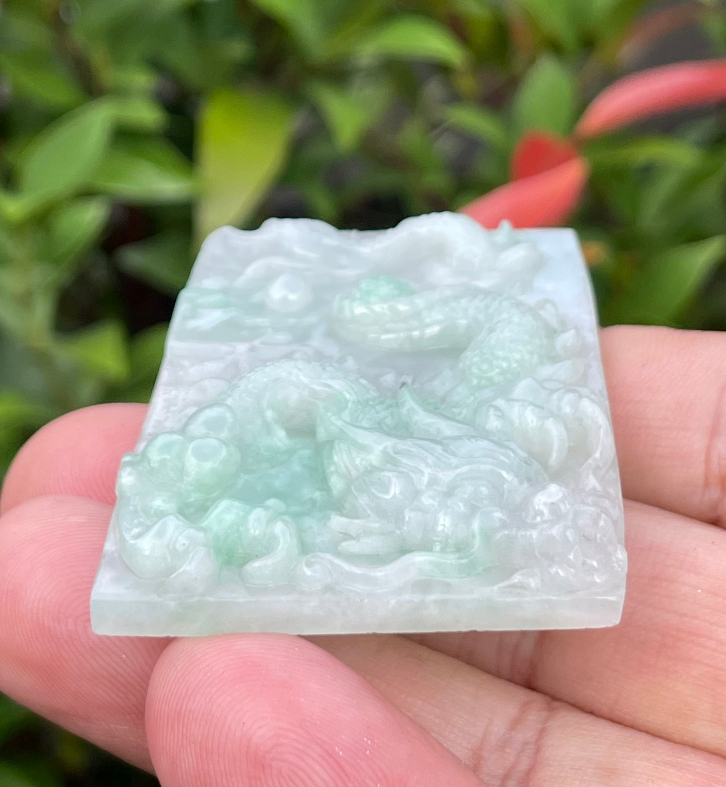 Natural Certified Burmese Jadeite Jade Pendant – Icy White & Imperial Green – Hand-Carved Dragon Motif – JP059