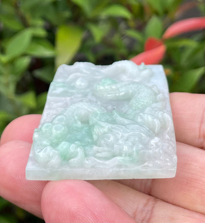 Natural Certified Burmese Jadeite Jade Pendant – Icy White & Imperial Green – Hand-Carved Dragon Motif – JP059