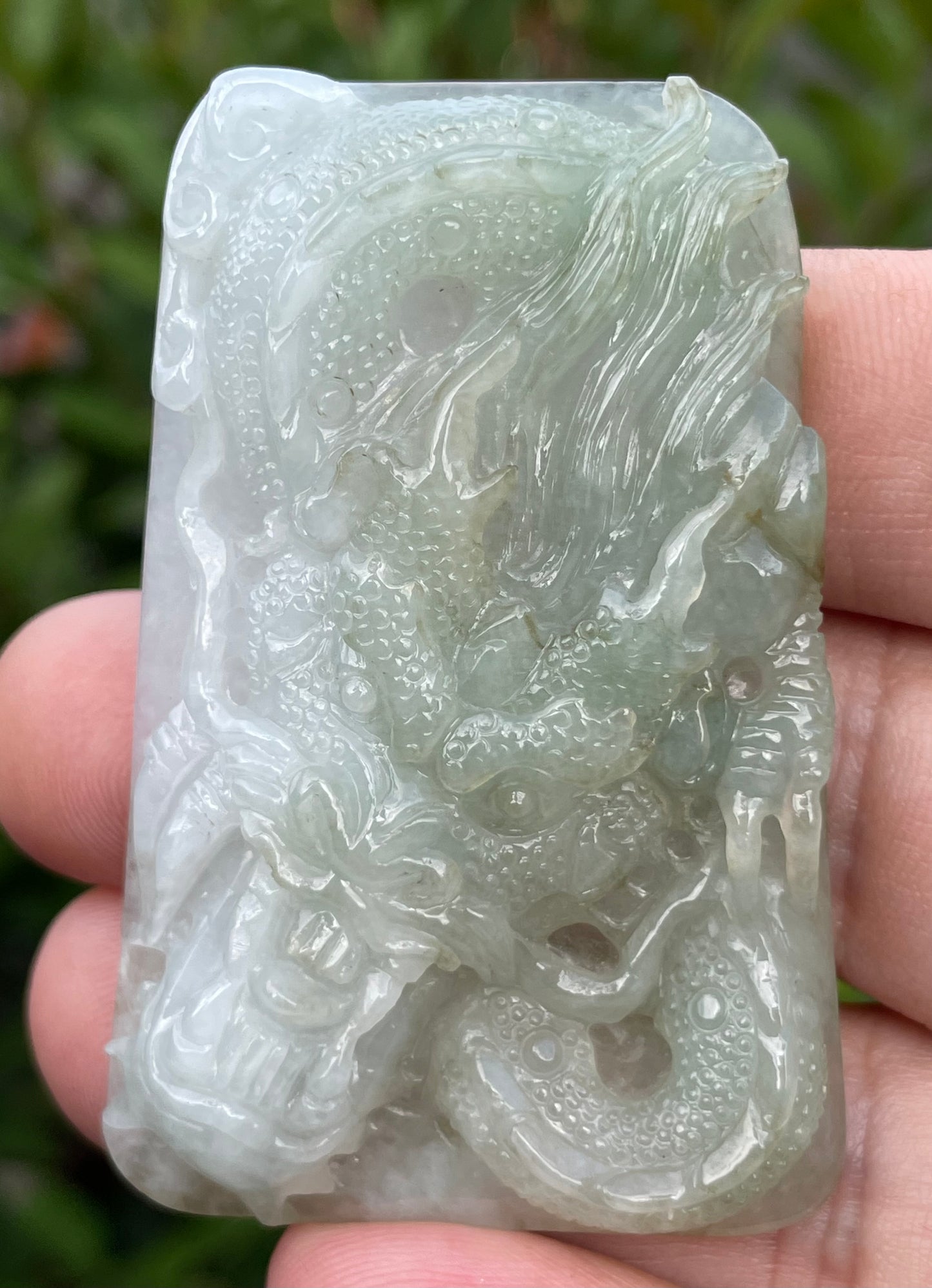 Natural Certified Burmese Jadeite Jade Pendant – Icy Moss Green & Milky White – Hand-Carved Dragon Motif – JP058