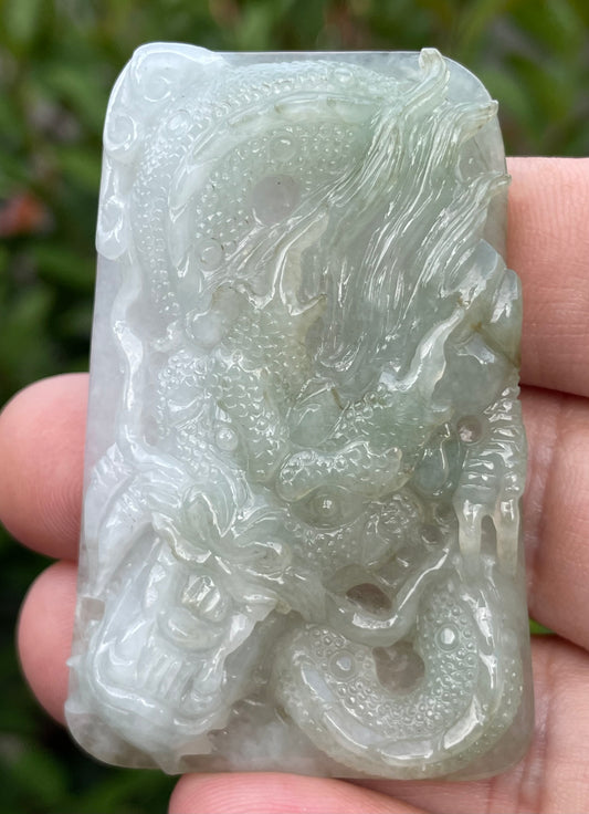 Natural Certified Burmese Jadeite Jade Pendant – Icy Moss Green & Milky White – Hand-Carved Dragon Motif – JP058