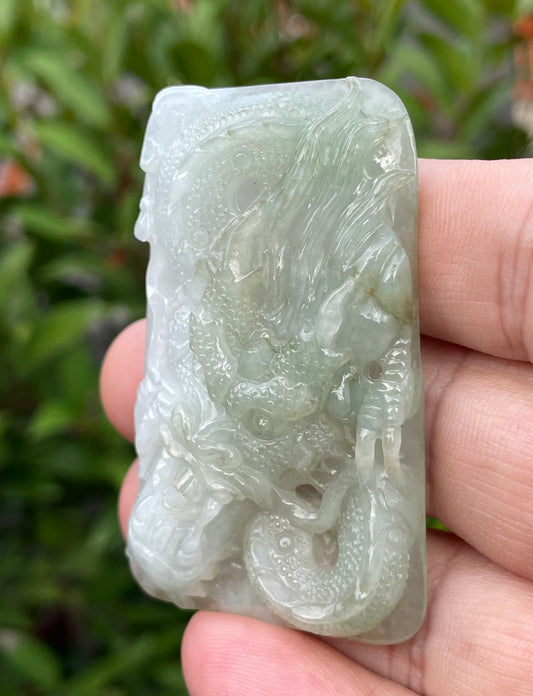 Natural Certified Burmese Jadeite Jade Pendant – Icy Moss Green & Milky White – Hand-Carved Dragon Motif – JP058