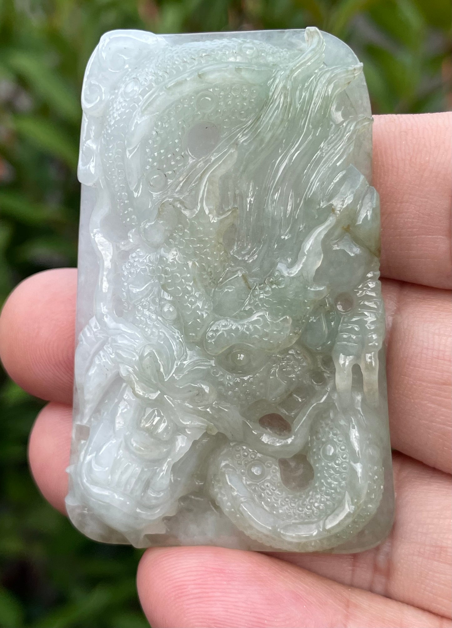 Natural Certified Burmese Jadeite Jade Pendant – Icy Moss Green & Milky White – Hand-Carved Dragon Motif – JP058
