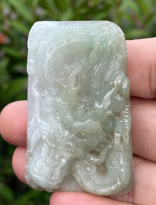 Natural Grade A Certified Burmese Jadeite Jade Pendant – Icy Moss Green & Milky White – Hand-Carved Dragon Motif – JP058
