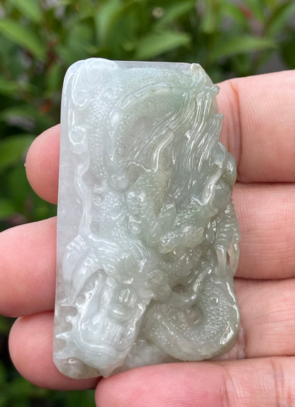 Natural Certified Burmese Jadeite Jade Pendant – Icy Moss Green & Milky White – Hand-Carved Dragon Motif – JP058