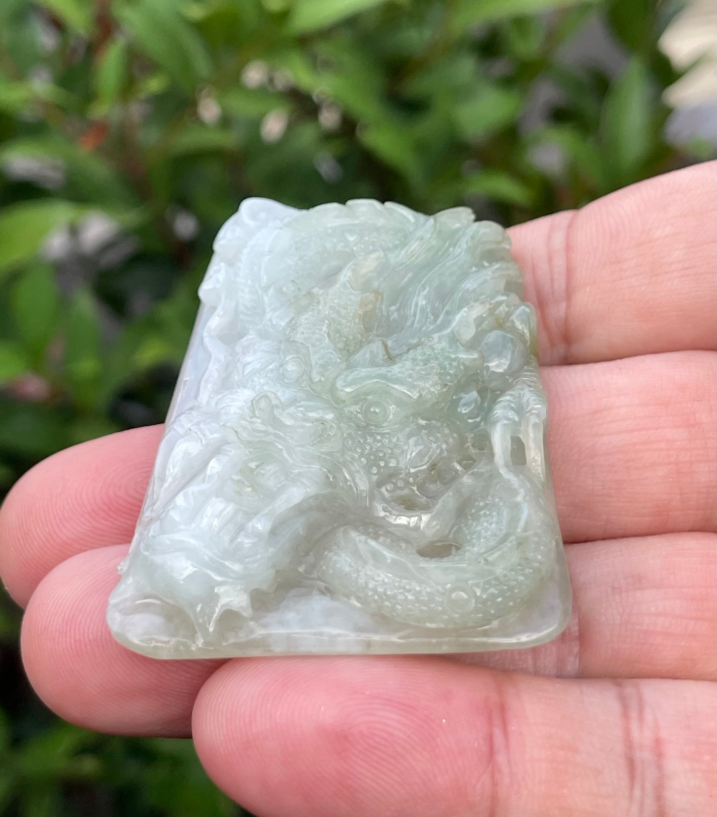 Natural Certified Burmese Jadeite Jade Pendant – Icy Moss Green & Milky White – Hand-Carved Dragon Motif – JP058